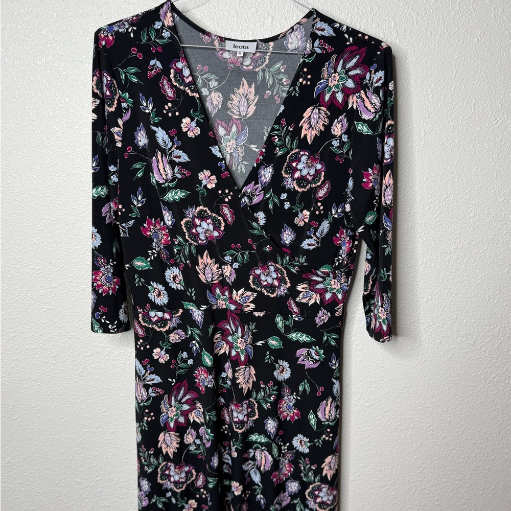 Leota dress Perfect Three Quarter Sleeve Floral Print Ruffle Hem Faux Wrap XL